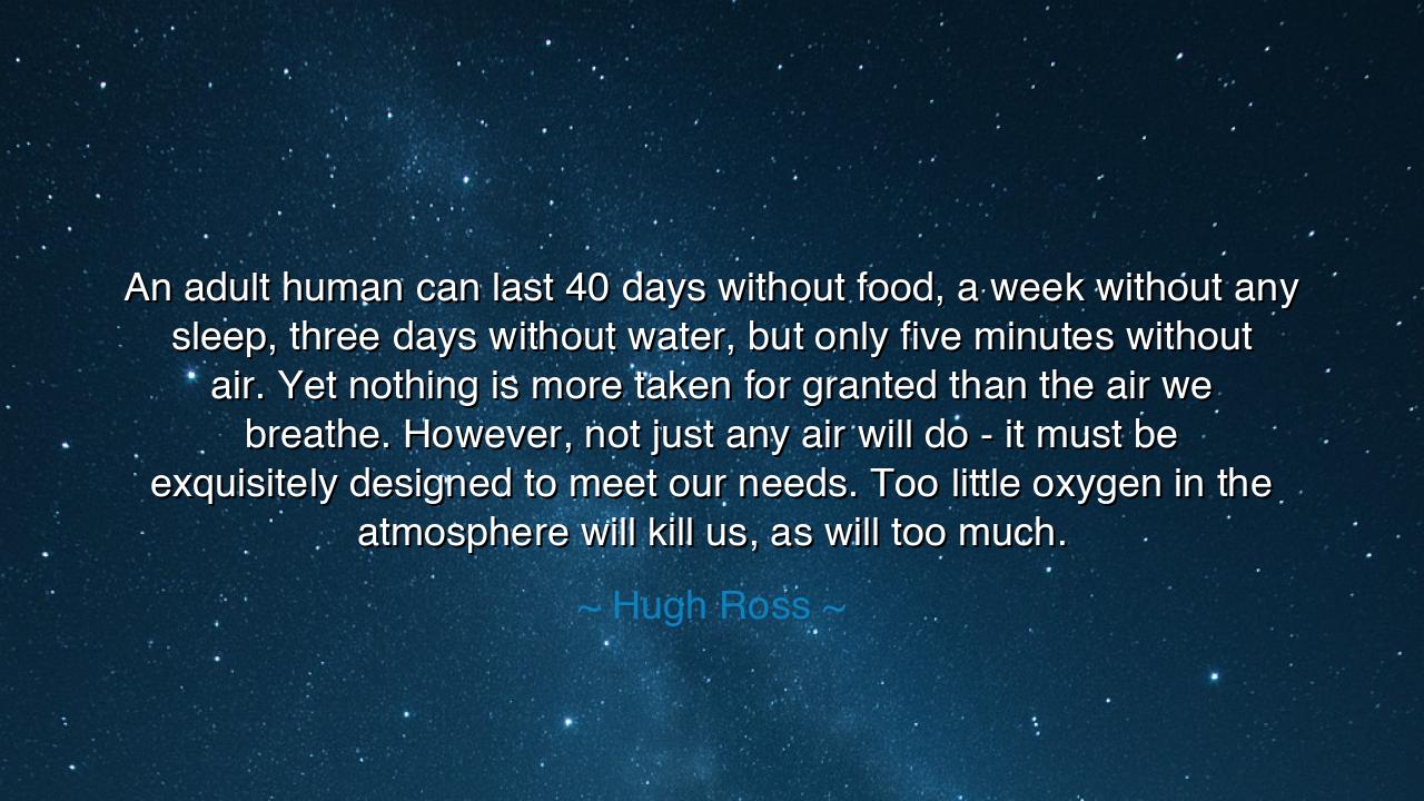 An adult human can last 40 days without food, a week without any