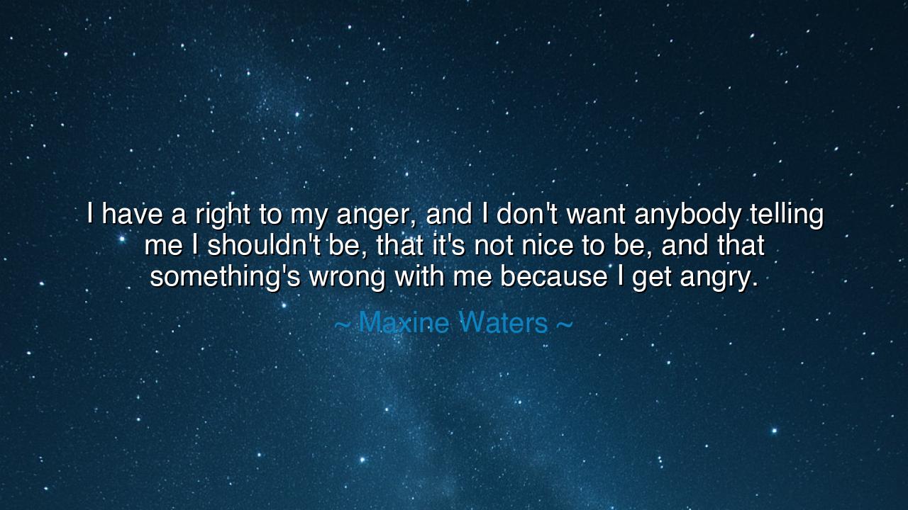 I have a right to my anger, and I don't want anybody telling me I