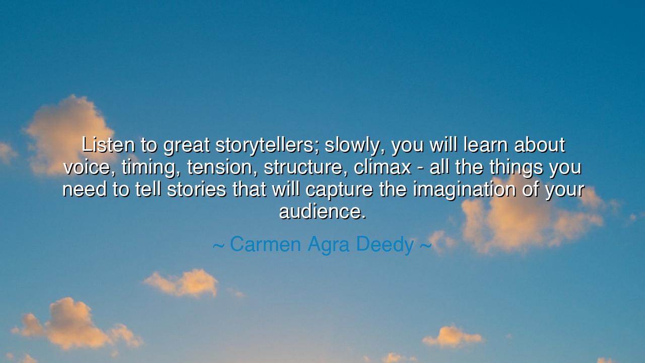 Listen to great storytellers; slowly, you will learn about voice